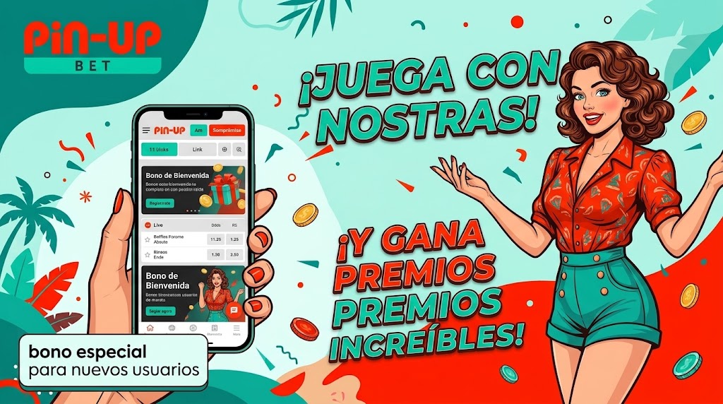 Teléfono con bono de bienvenida de Pin Up bet e ilustración promocional de premios